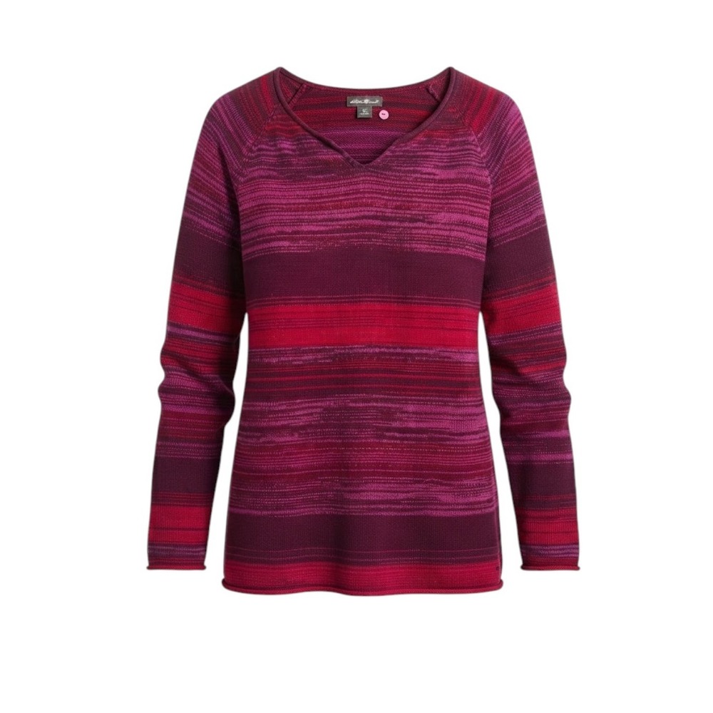 Eddie Bauer Women XXL Scarlet Split Neck Striped Cotton Knit Sweater 0914 NEW